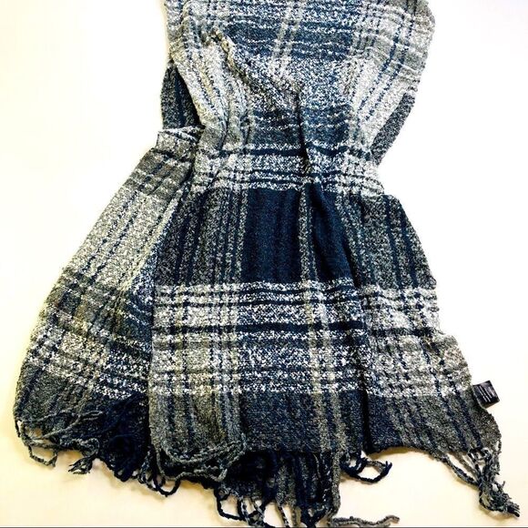 Plaid Knit Rectangle Scarf with Fringe, Blue Gray - Picture 1 of 8